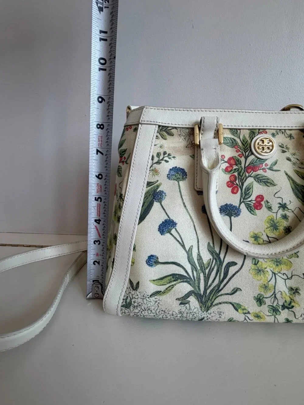 Tory Burch Floral Botanical Canvas Satchel Shoulder Bag Ivory Gold